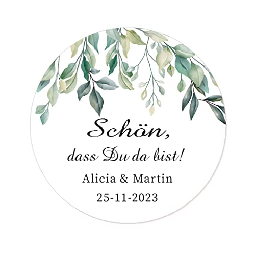 50 PERSONALISIERT Hochzeit Aufkleber,Schön, dass du da bist! grüne Pflanzen 40mm Gastgeschenke Aufkleber für Hochzeit, Verlobung,Taufe, Geburtstag, Kommunion, Party, Weihnachten - Rd 059 (001) von eKunSTreet