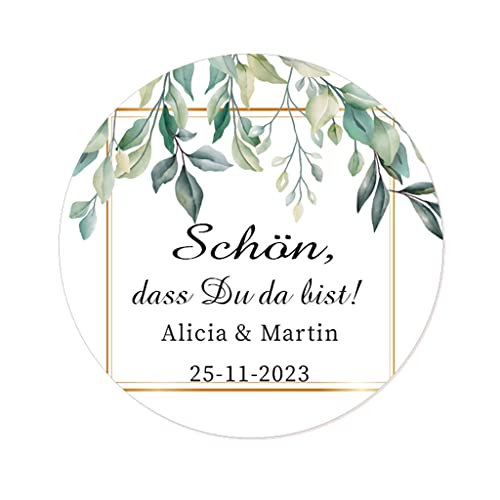 50 PERSONALISIERT Hochzeit Aufkleber,Schön, dass du da bist! grüne Pflanzen 40mm Gastgeschenke Aufkleber für Hochzeit, Verlobung,Taufe, Geburtstag, Kommunion, Party, Weihnachten - Rd 059 (002) von eKunSTreet