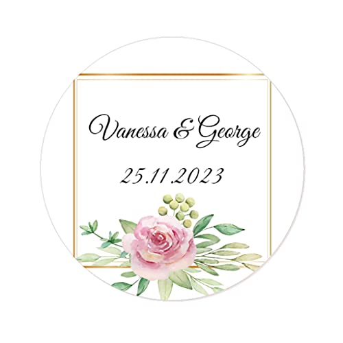 50 PERSONALISIERT Hochzeit Aufkleber mit Namen und Datum, Blumen 40mm Gastgeschenke Aufkleber für Hochzeit, Verlobung,Taufe, Geburtstag, Kommunion, Party, Weihnachten - Rd 034 (004) von eKunSTreet