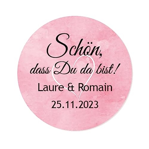 50 PERSONALISIERT ROSA AQUARELL Aufkleber - Schön, dass Du da bist! Sticker 4cm rund Hochzeitssticker Etiketten für Hochzeit,Taufe,Gastgeschenke, Tischdeko,Tüten,Flaschen,Briefen,Einladungen -Rd 076 von eKunSTreet