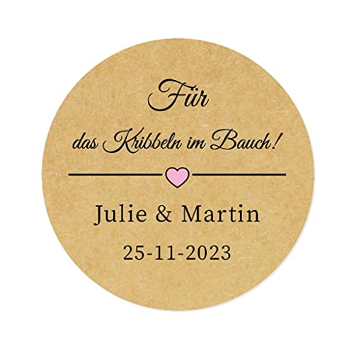 50 PERSONALISIERT Rosa Herz "Für das Kribbeln im Bauch!" Hochzeitssticker Aufkleber - 4 cm Runde Papieraufkleber Etiketten für Hochzeit,Gastgeschenk,Tischdeko,Flaschen,Tüten - Rd 053 (002) von eKunSTreet