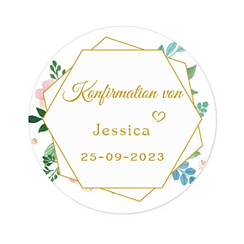 50 STICKER PERSONALISIERT Konfirmation Aufkleber Blumenkranz Gastgeschenk Sticker 40MM Danke Etiketten zur Taufe Geburt Kommunion Geschenk Tüten Flaschen - Rd 359 (003) von eKunSTreet