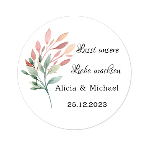 50 STICKERS Blumen PERSONALISIERT 'Lasst unsere Liebe wachsen' Hochzeit Aufkleber, 40mm Runde Liebe Saat/Blumensamen Etiketten für Hochzeit,Taufe,Konfirmation,Gastgeschenk,Tüten - Rd 281 (003) von eKunSTreet