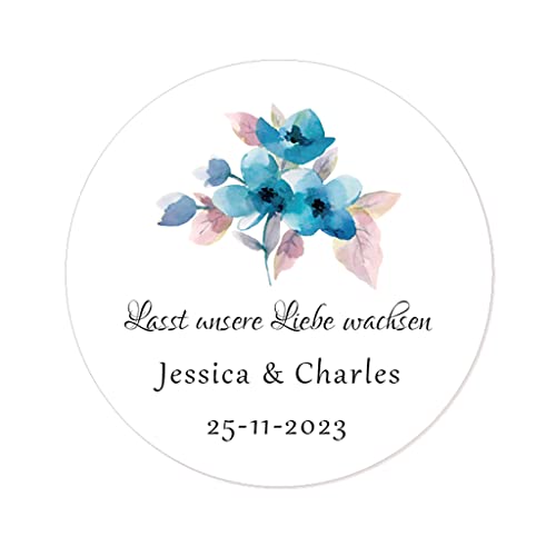 50 STICKERS Blumen PERSONALISIERT 'Lasst unsere Liebe wachsen' Hochzeit Aufkleber, 40mm Runde Liebe Saat/Blumensamen Etiketten für Hochzeit,Taufe,Konfirmation,Gastgeschenk,Tüten - Rd 281 (009) von eKunSTreet