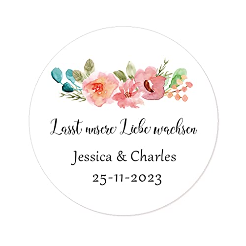 50 STICKERS Blumen PERSONALISIERT 'Lasst unsere Liebe wachsen' Hochzeit Aufkleber, 40mm Runde Liebe Saat/Blumensamen Etiketten für Hochzeit,Taufe,Konfirmation,Gastgeschenk,Tüten - Rd 281 (004) von eKunSTreet