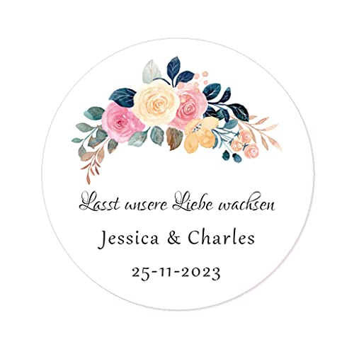 50 STICKERS Blumen PERSONALISIERT 'Lasst unsere Liebe wachsen' Hochzeit Aufkleber, 40mm Runde Liebe Saat/Blumensamen Etiketten für Hochzeit,Taufe,Konfirmation,Gastgeschenk,Tüten - Rd 281 (006) von eKunSTreet