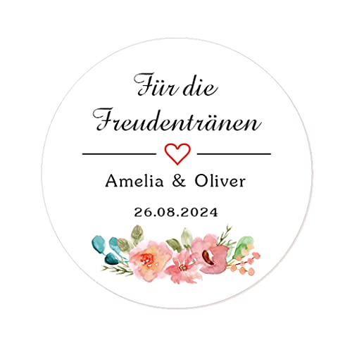 50 STICKERS 'Für die Freudentränen' PERSONALISIERT Hochzeit Aufkleber, 40mm Runde Blume Papieraufkleber Gewebe Etiketten für Hochzeit,Taufe,Gastgeschenk,Taschentücher - Rd 038 (002) von eKunSTreet