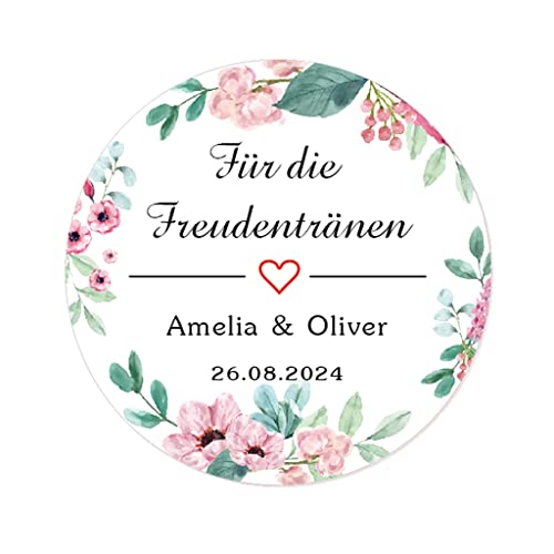 50 STICKERS 'Für die Freudentränen' PERSONALISIERT Hochzeit Aufkleber, 40mm Runde Blume Papieraufkleber Gewebe Etiketten für Hochzeit,Taufe,Gastgeschenk,Taschentücher - Rd 038 (003) von eKunSTreet