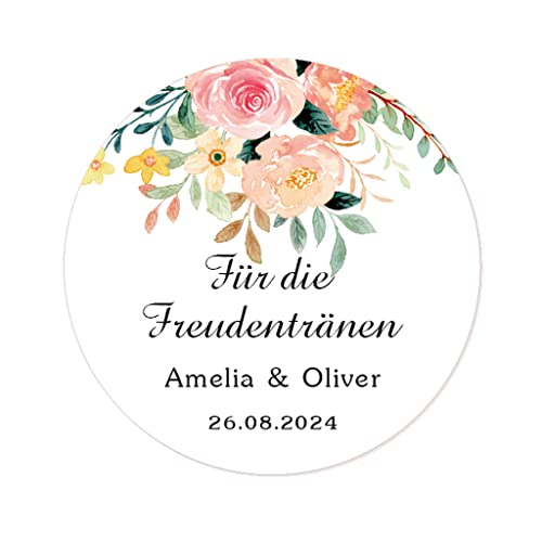 50 STICKERS 'Für die Freudentränen' PERSONALISIERT Hochzeit Aufkleber, 40mm Runde Blume Papieraufkleber Gewebe Etiketten für Hochzeit,Taufe,Gastgeschenk,Taschentücher - Rd 038 (004) von eKunSTreet