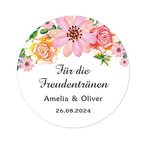 50 STICKERS 'Für die Freudentränen' PERSONALISIERT Hochzeit Aufkleber, 40mm Runde Blume Papieraufkleber Gewebe Etiketten für Hochzeit,Taufe,Gastgeschenk,Taschentücher - Rd 038 (005) von eKunSTreet