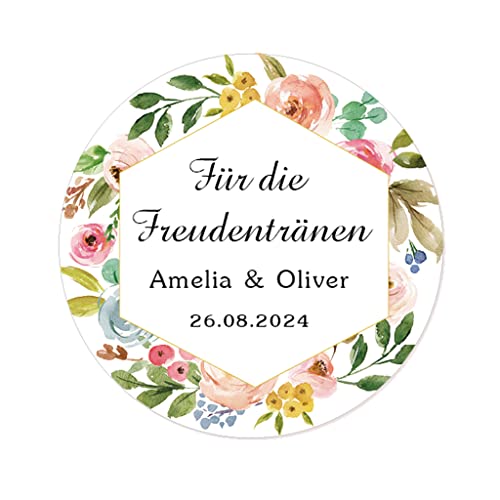 50 STICKERS 'Für die Freudentränen' PERSONALISIERT Hochzeit Aufkleber, 40mm Runde Blume Papieraufkleber Gewebe Etiketten für Hochzeit,Taufe,Gastgeschenk,Taschentücher - Rd 038 (007) von eKunSTreet