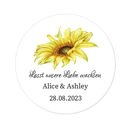 50 STICKERS PERSONALISIERT Hochzeit Aufkleber - Lasst unsere Liebe wachsen 40mm Runde SONNENBLUME Etiketten für die Hochzeit,Taufe,Geburtstag,Konfirmation,Gastgeschenk,Tüten - Rd 049 (004) von eKunSTreet
