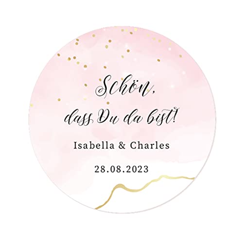 50 Schön, dass du da bist Stickers PERSONALISIERT Hochzeit Aufkleber,mit Namen und Datum für Gastgeschenke Hochzeit Verlobung Taufe Geburtstag Kommunion - Rd 078 (Aquarell rosa) von eKunSTreet