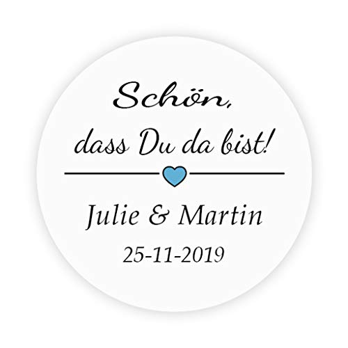 50 Stück personalisiert Blaues Herz Hochzeitssticker - Schön, dass Du da bist! Aufkleber - 4 cm Runde Papieraufkleber Etiketten für Hochzeit,Taufe,Gastgeschenk,Tischdeko,Flaschen,Tüten - Rd 251 von eKunSTreet