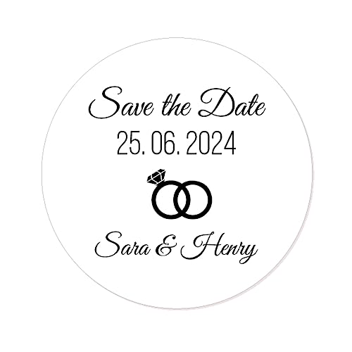 50 Stück personalisiert Save the Date Aufkleber Rings Hochzeitssticker - 4 cm Runde selbstklebende für die Hochzeit,Engagement,Gastgeschenk,Tischdeko,Flaschen,Tüten, Briefen, Einladungen - Rd 009 von eKunSTreet