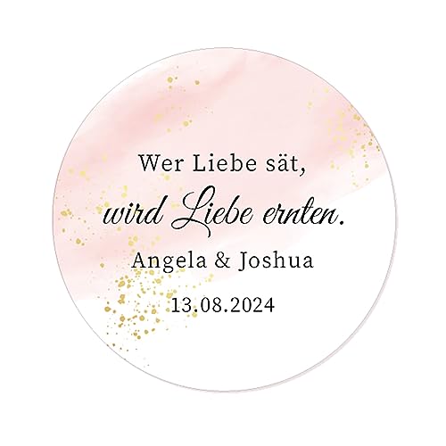 50 Wer Liebe sät, wird Liebe ernten Etiketten PERSONALISIERT Hochzeit Aufkleber 40mm Gastgeschenke für Hochzeit Taufe Geburst - Rd 102 (001) von eKunSTreet