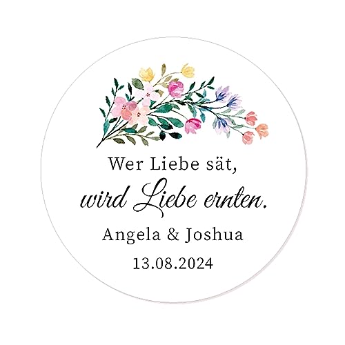 50 Wer Liebe sät, wird Liebe ernten Etiketten PERSONALISIERT Hochzeit Aufkleber 40mm Gastgeschenke für Hochzeit Taufe Geburst - Rd 102 (003) von eKunSTreet