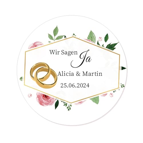 50 Wir Sagen JA Aufkleber PERSONALISIERT Hochzeit Sticker 40mm rund Gastgeschenke Hochzeit Giveaway Etiketten - Ringe - Rd 668 (004) von eKunSTreet