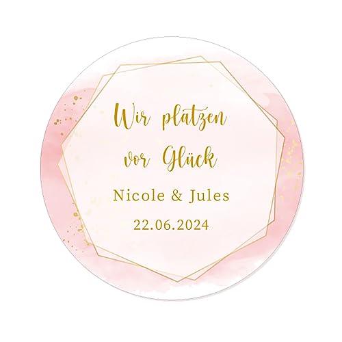 50 Wir platzen vor Glück Aufkleber PERSONALISIERT Hochzeit Sticker 40mm rund Gastgeschenke Etiketten - Rd 665 (004) von eKunSTreet