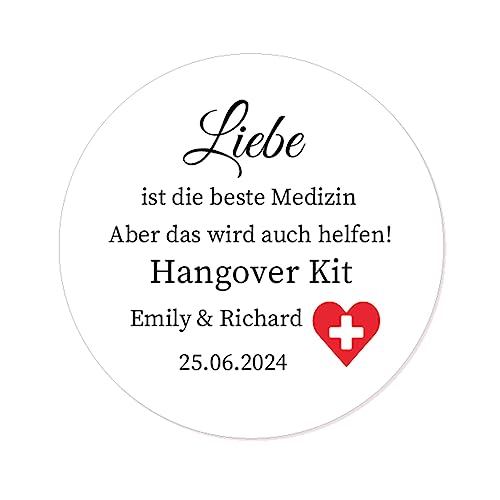 50x PERSONALISIERT 40mm Hangover Kit Aufkleber Hochzeit Gastgeschenk Sticker Bachelorette Geburtstag Feier Kater Kit - Liebe ist die beste Medizin Etiketten -Rd 100 (001) von eKunSTreet