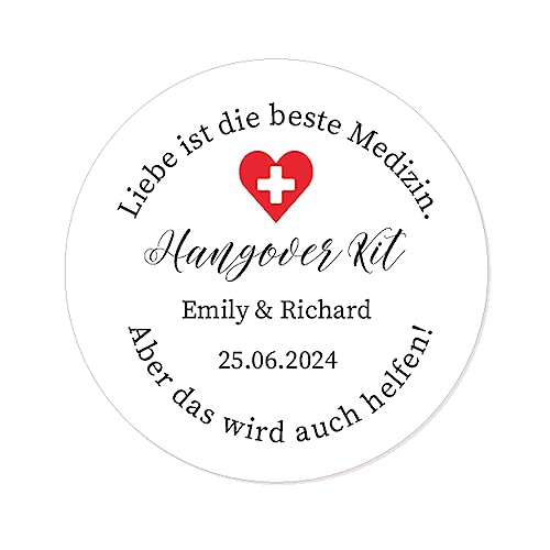 50x PERSONALISIERT 40mm Hangover Kit Aufkleber Hochzeit Gastgeschenk Sticker Bachelorette Geburtstag Feier Kater Kit - Liebe ist die beste Medizin Etiketten -Rd 100 (003) von eKunSTreet