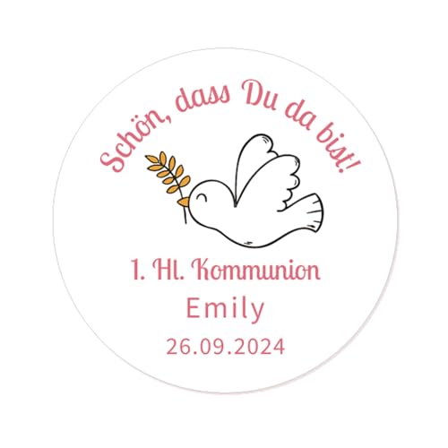 50x STICKER Erstkommunion PERSONALISIERT 1. Heilige Kommunion Aufkleber zur Kommunion Taufe Konfirmation Geburtstag Gastgeschenke Tüten Etiketten - Taube Kreuz und Blume - Rd 652 (003) von eKunSTreet