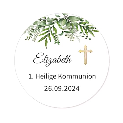 50x STICKER Erstkommunion PERSONALISIERT 1. Heilige Kommunion Aufkleber zur Kommunion Taufe Konfirmation Geburtstag Gastgeschenke Tüten Etiketten - Taube Kreuz und Blume - Rd 652 (004) von eKunSTreet