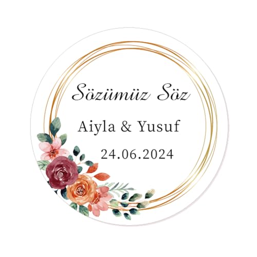 50x Sözümüz Söz Aufkleber PERSONALISIERT Ihr Text Hochzeitssticker 40mm für Türkische Hochzeit Gastgeschenke Etiketten - Rd 670 (02 Rosenblüte) von eKunSTreet