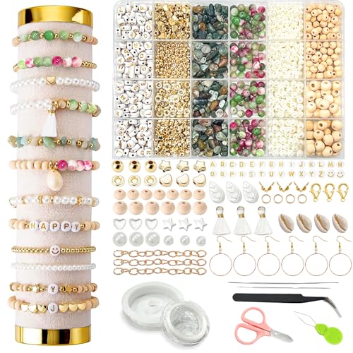 Armband Set Selber Machen, Perlenset für Armbänder, DIY Schmuck Selber Mädchen Set Natürliche Edelstein Perlen Sets für Kinder Erwachsene Geschenkidee für Geburtstags Partys-mit 5 Zubehörteilen von ePicsoa