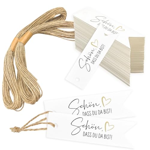 ePicsoa 100 Stück Geschenkanhänger, 7*2CM Danke Anhänger SCHÖN DASS DU DA BIST Anhänger Hochzeit Dankeschön Hochzeit Etiketten Tags Geschenk Geburtstag Weihnachten Babyparty, mit Jute Schnur Hangtag von ePicsoa