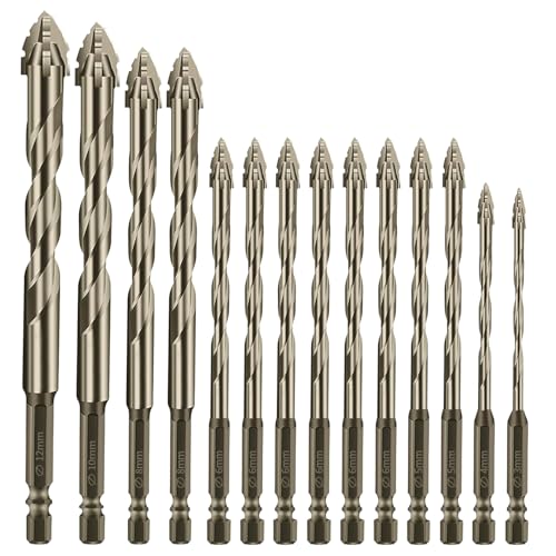 ePicsoa Exzenterbohrer Set, 14-Teiliger Gerwand Bohrer mit 4 Schneiden, 3/4/5/6/8/10/12 mm Hochfeste Sägezahnbohrer, 1/4" Sechskantschaft, für Beton, Glas, Keramik, Holz, Metall, Bohren (Gelb) von ePicsoa