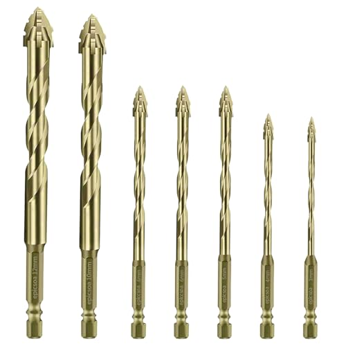 ePicsoa Exzenterbohrer Set, 7-Teiliger Gerwand Bohrer mit 4 Schneiden, 3/4/5/6/8/10/12 mm Hochfeste Sägezahnbohrer, 1/4" Sechskantschaft, für Beton, Glas, Keramik, Holz, Metall, Bohren (Gold) von ePicsoa