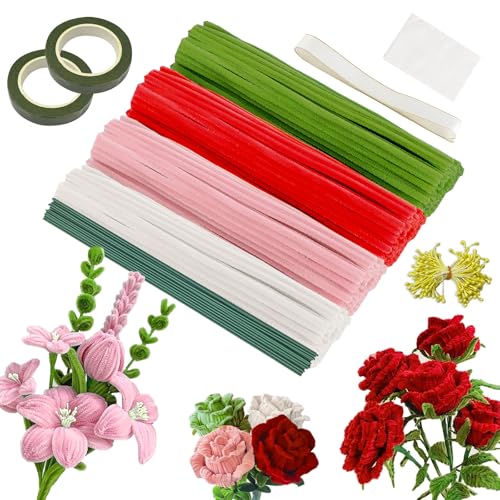 ePicsoa Pfeifenreiniger Blumen Set, 420 Stück Pfeifenputzer zum Basteln, 4 Farben Pipe Cleaner mit 20 Stück Grünem Bastelfaden, Geschenkband, 4 Geschenkpapier, 2 Klebeband, 150 Blumen Staubblatt von ePicsoa