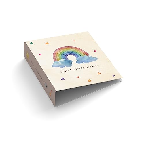Ringordner | Ordner für Kinder | Wunschtext personalisieren | Regenbogen mit Herz | Mit Griffloch | für DIN A4 | 7,4 cm breit | Kindergartenzeit | Wolken von easyprint