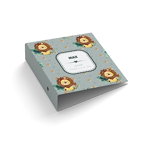 Ringordner | Ordner für Kinder | mit Name + Geburtsdaten personalisieren | Löwe mit Krone | Mit Griffloch | für DIN A4 | 7,4 cm breit | Geburt | Kinderordner von easyprint