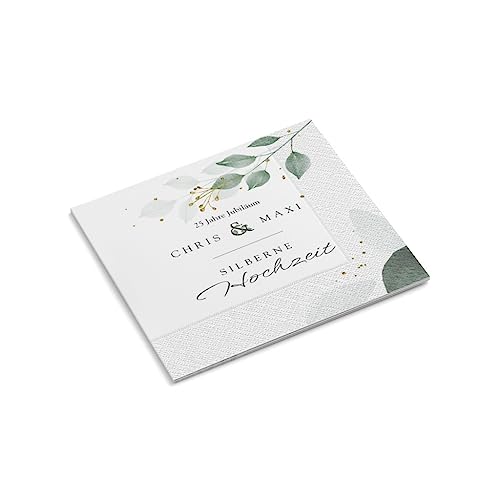 Servietten personalisiert mit Wunschtext | Silberne Hochzeit | Blätter grün | 330 x 330 mm | Feier | Jubiläum | Tischdeko | Papierservietten | Menge wählbar (60 Stück) von easyprint