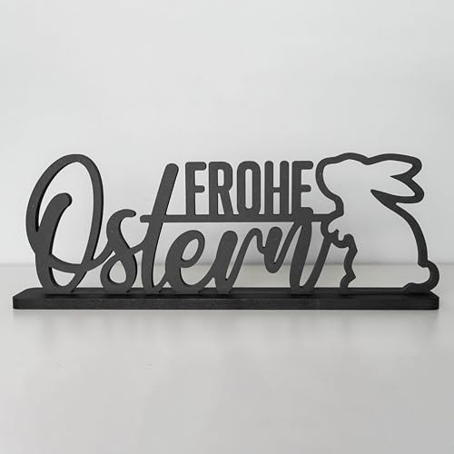 ebenkunst | Frohe Ostern Schriftzug mit Hasenmotiv | 38.1 x 13.7 cm | Osterdeko aus schwarzem Holz | Dekorativer Hasen Aufsteller für Tisch, Regal & Fensterbank | Frühlings- & Osterdekoration von ebenkunst
