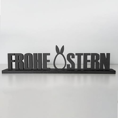 ebenkunst | Frohe Ostern Schriftzug mit Hasenohren | 40.2 x 9.6 cm | Osterdeko aus schwarzem Holz | Dekorativer Frühlings-Aufsteller für Tisch, Regal & Fensterbank | Frühlings- & Osterdekoration von ebenkunst