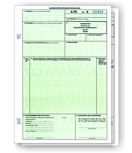 100 x A.TR. / ATR Warenverkehrsbescheinigung Türkei 2-fach für Laserdrucker und Tintendrucker, Einzelblätter DIN A4 lose im Wechsel von ebs Versand