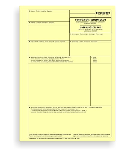 50 x Durchschrift zum Ursprungszeugnis 1-teilig, Einzelblatt/gelbe Kopie für Laser- und Inkjetdrucker, von ebs Versand