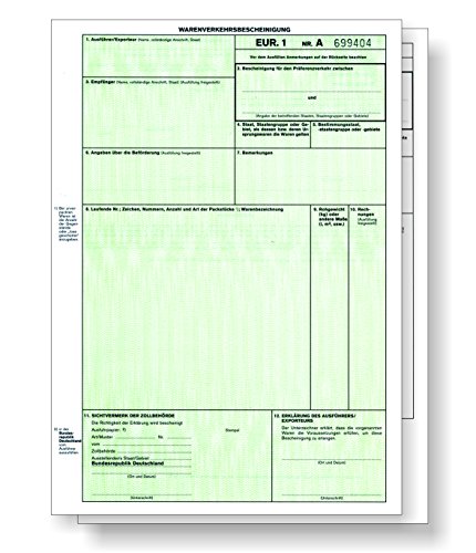 50 x EUR.1 / EUR1 Warenverkehrsbescheinigung 2-teilig für Laser- und Inkjetdrucker, Einzelblätter DIN A4 lose im Wechsel von ebs Versand