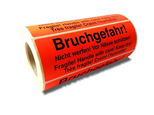 Hinweisetiketten/Versandetiketten/Warnetiketten "Bruchgefahr" auf Rolle 149 x 48 mm - 500 Stk. je Rolle - Leuchtfarbe (fluoreszierend) - stark haftend/Versandaufkleber/leucht rot von ebs Versand