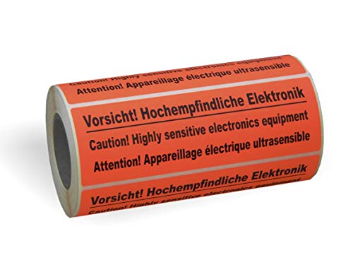 Warnetiketten"Vorsicht! Hochempfindliche Elektronik" 149 x 48 mm - 500 Stk. auf Rolle - leuchtrot fluoreszierend - stark haftend, Hinweisetiketten, Versandetiketten, Signaletiketten rot von ebs Versand