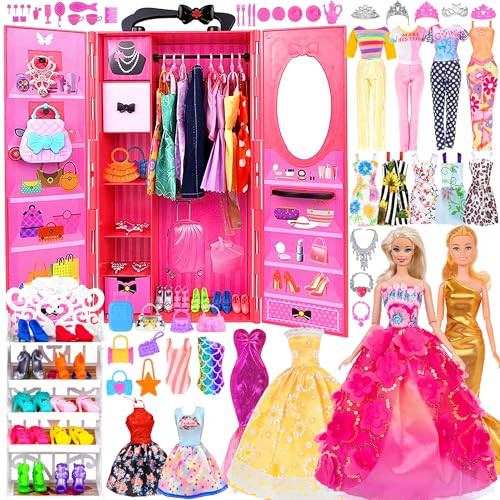 ebuddy 105 Pcs Puppe Schrank Garderobe Kleidung Spiel Set für 11.5 Zoll Mädchen Puppe einschließlich Schrank, Schuhe Rack, Kleid, Schuhe und anderes Zubehör (Keine Puppe) von ebuddy
