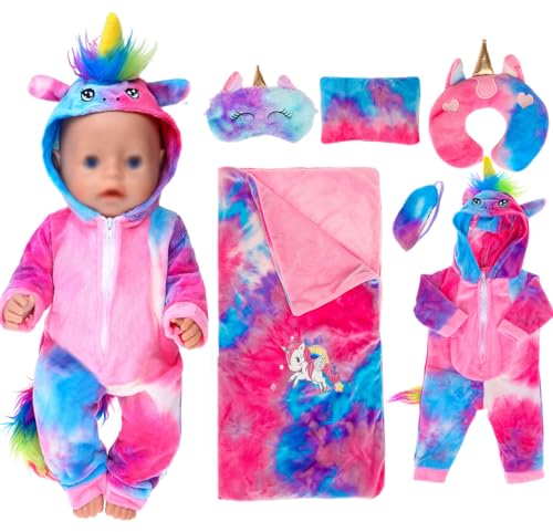6 Stück / Set Regenbogen Einhorn Puppe Kleidung Zubehör Inklusive Schlafsack, Strampler, Kissen, Augenschirme für 43 cm Neugeborene Babypuppen (Keine Puppe) von ebuddy