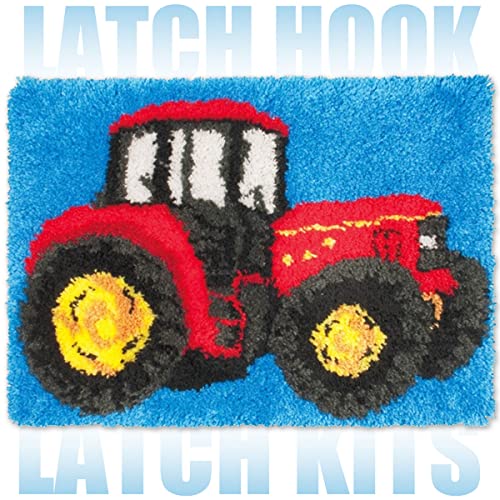 ebulous Latch Hook Rug Kits, DIY Häkelgarn Kissen für Heimdekoration, Knüpfhaken Bastelset für Erwachsene Kinder mit farbigem vorgedrucktem Leinwandmuster Design (roter Traktor, 52,1 x 38,1 cm) von ebulous