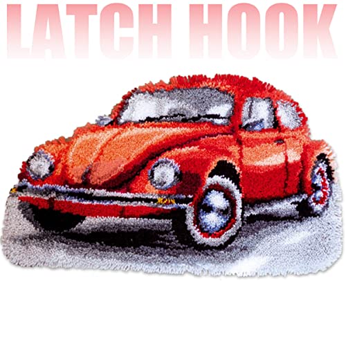 ebulous Latch Hook Rug Kits, DIY Häkelgarn Kissen für Heimdekoration, Knüpfhaken Bastelset für Erwachsene Kinder mit farbigem vorgedrucktem Leinwandmuster Design (rotes Retro-Auto, 52,1 x 32 cm) von ebulous
