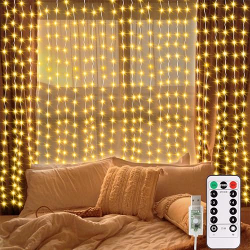 300 LED lichtervorhang 3mx3m, USB lichterketten Vorhang mit Fernbedienung Wasserdichte LED Lichterkette mit Timer für Innen und außen Deko (Warmweiß) von echosari