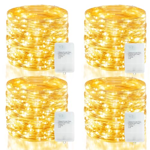 4 Stück LED Lichterkette Batterie mit Timer, 20M 200 LED Lichterkette Wasserdicht mit 5 Modi DIY Silber Micro Drahtlichterkette für Zimmer Party Weihnachten (Warmweiß) von echosari
