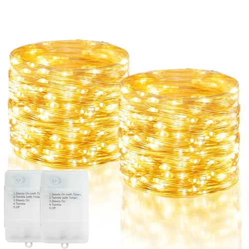 echosari 2 Stück Batterie Lichterkette mit Timer, 10M 100 LED Lichterketten Weihnachten mit 5 Modi DIY Silber Lichterdraht für Innen Außen Deko (Warmweiß) von echosari